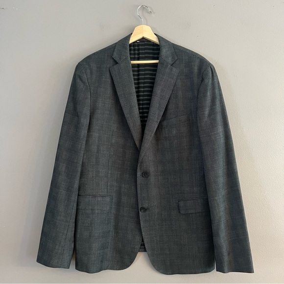 Hugo Boss Blazer Mens Check Wool 2-Button Stretch Sport Coat Jacket Gray 46R